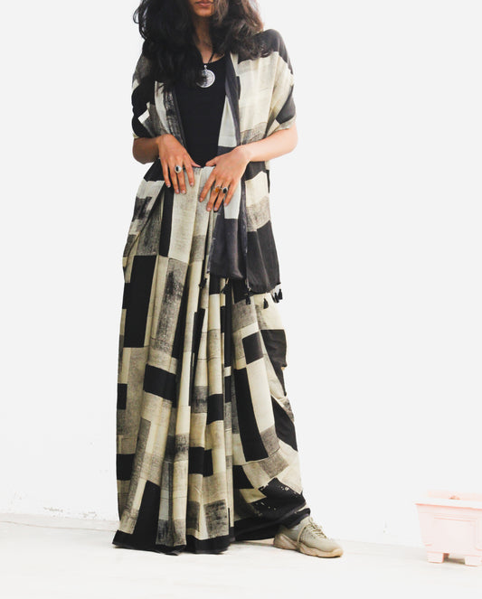 White and black modal saree